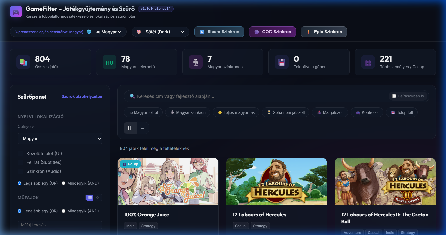 GameFilter felület előnézet
